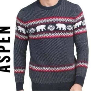 Aspen Men's Navy Polar Bear Snowflake Fair Isle Navy Blue Sweater Size S
